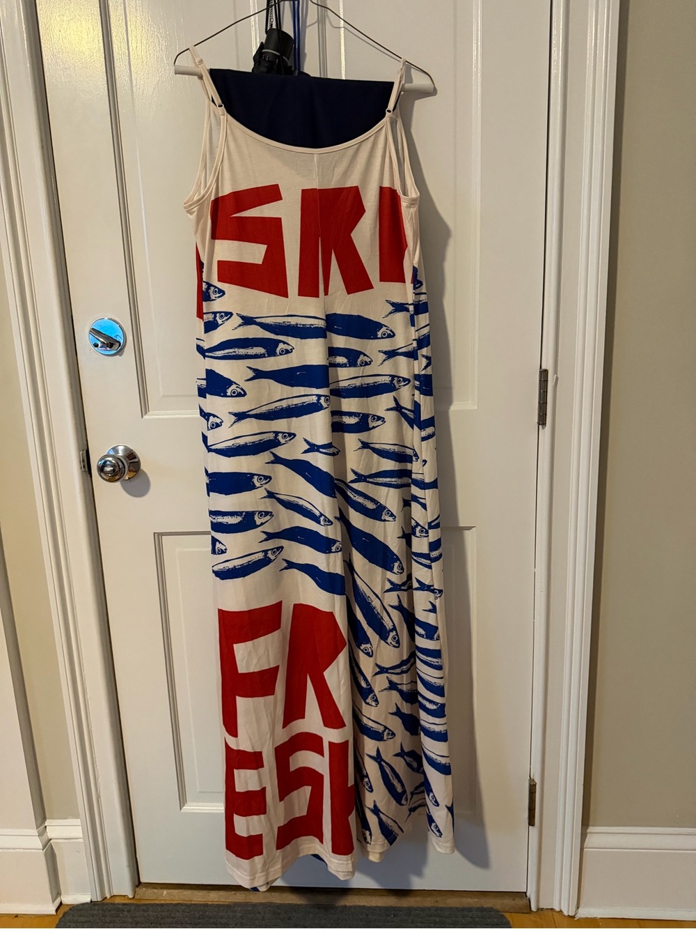 Graphic Fish Print Maxi Dress in Red, Blue & Cream